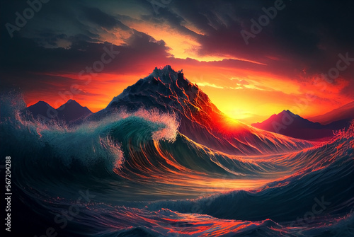 Sunset with a dramatic sky over the ocean's mountainous waves. Generative AI.