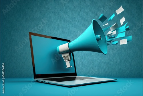 Laptop with megaphone coming out of the screen, advertising and marketing concept, blue background, Digital illustration, Generative AI photo