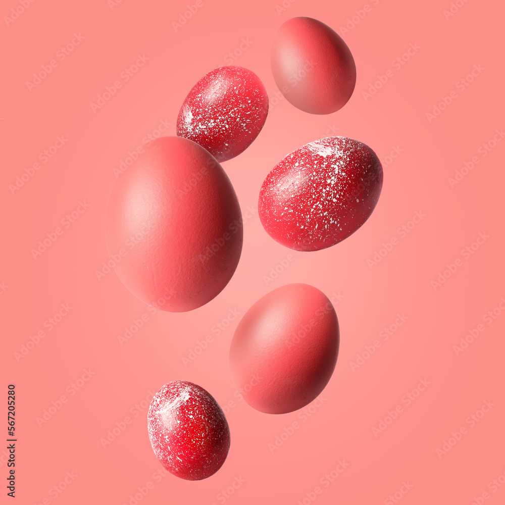 Beautiful flying Easter eggs on red background