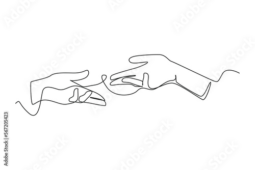 Continuous one line drawing hands reaching towards each other. Human relation concept. Single line draw design vector graphic illustration.
