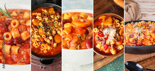 Collage of traditional pasta with beans in bowls and pans on table, closeup