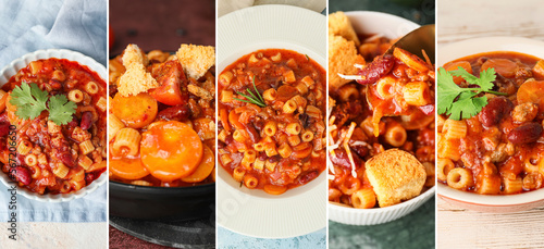 Collage of traditional pasta with beans in bowls on table, closeup