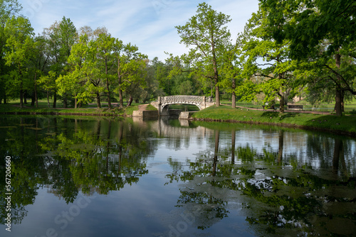 View of the cast-iron openwork bridge across the water maze channel near the White Lake in the Gatchina Palace and Park Complex on a sunny summer morning, Gatchina, St. Petersburg, Russia