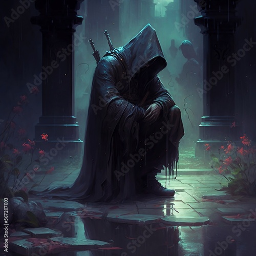 An assassin with sword mourning digital art photo