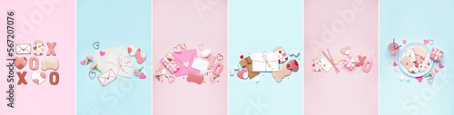 Collection of beautiful cookies with gifts and letters for Valentine's Day on color background