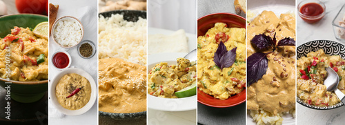 Collage of delicious chicken curry in bowls on table