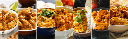 Foto Collage of bowls with Indian chicken tikka masala on table, closeup