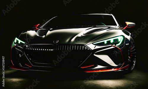 Black high performace car up close. AI generated Illustration. photo