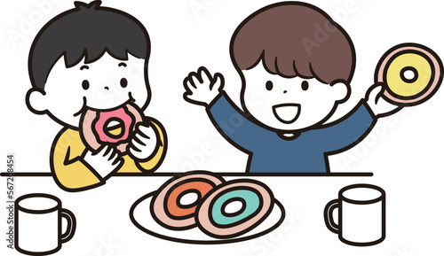 おやつを食べる2人の男の子のイラスト素材