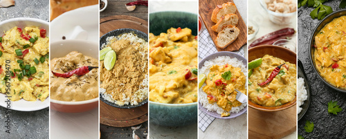 Collage of tasty chicken curry in bowls on table, closeup
