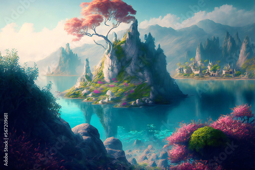 Fantasy world landscape  nature  mountains  lakes  trees  sky  otherworldly  digital illustration  AI generated