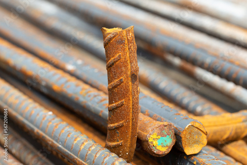 rusty steel rebar for reinforced concrete with blur background