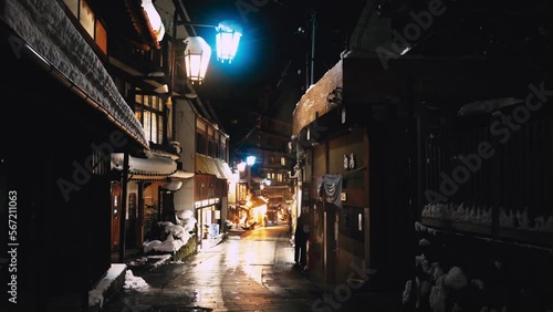 寂れた田舎の温泉街の真冬の夜の路地 photo