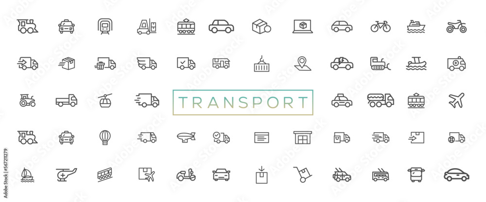 Transport, vehicle and delivery elements - minimal thin line web icon set. Outline icons collection