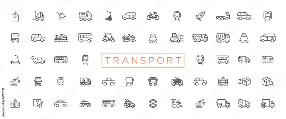 Transport, vehicle and delivery elements - minimal thin line web icon set. Outline icons collection