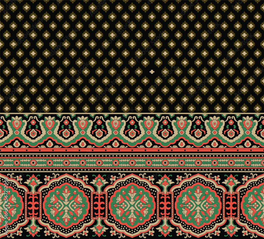 Frame Border with Red Background in sindhi ajrak style, Vector illustration. Textile Ajrak boder Black white. Traditional Textile Design of Ajrak Shawl, Sindhi Ajrek Design for Modern Advertising.