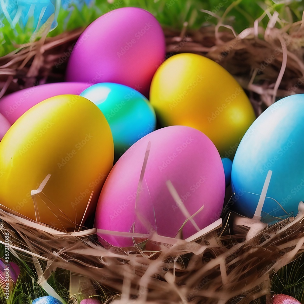 Colorful Pastel Easter Eggs in a Basket with Grass