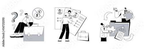 Job search abstract concept vector illustration set. Unemployment, wanted employees, job sharing, we are hiring, open vacancies, work schedule, join our team, responsibility abstract metaphor.