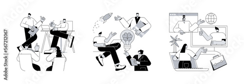 Team communication abstract concept vector illustration set. Meeting and brainstorm, online meetup, corporate presentation, creative ideas and solutions, teamwork, conference call abstract metaphor.