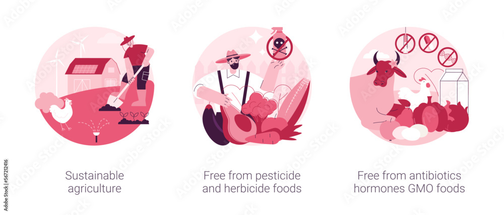 Sustainable organic agriculture abstract concept vector illustration set. Free from pesticide and herbicide, antibiotics hormones GMO food, farming process, ecology oriented growing abstract metaphor.