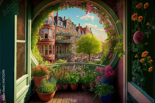 A Balcony full of beautiful flowers in spring in the city, showing the beautiness of the plants and vegetables between and inside the buildings, generative ai © Sebastián Hernández