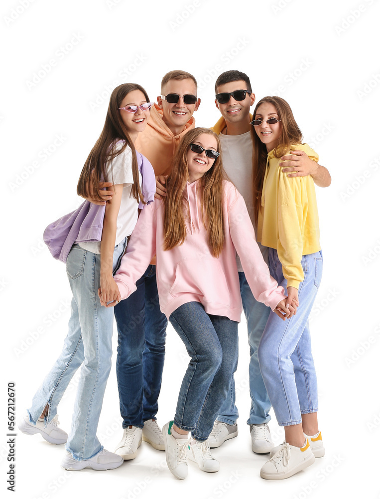 Group of happy friends in sunglasses on white background Group of happy friends in sunglasses on white background