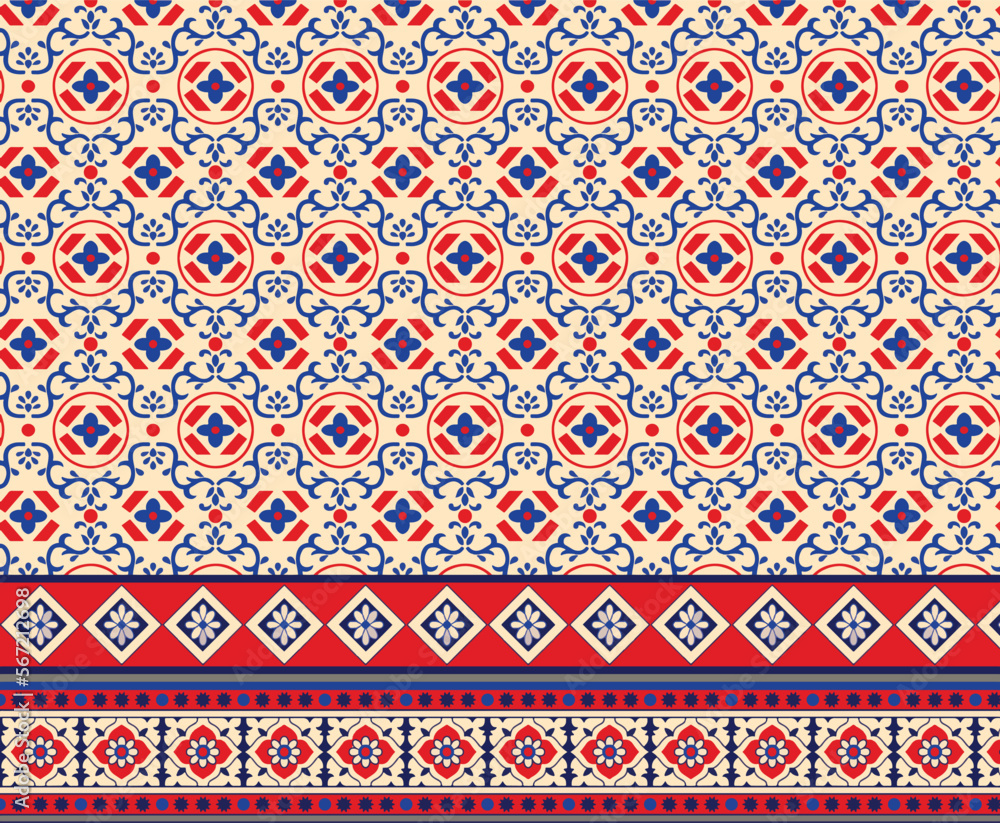 Frame Border with Red Background in sindhi ajrak style, Vector llustration. Ajrak print design with colorfull dark matching