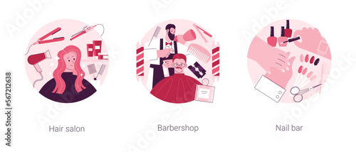 Beauty salon abstract concept vector illustration set. Hair salon, barbershop, nail bar, Haircut service, beard shaving, nail polish, french manicure, hairstylist chair and scissors abstract metaphor.