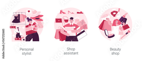 Fashion and beauty abstract concept vector illustration set. Personal stylist, shop assistant, beauty shop, beauty blogger, shopping mall retail store, dressing room, shopaholic abstract metaphor.