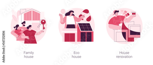 Private property and construction service abstract concept vector illustration set. Family home, eco house listing, single-family detached house renovation, environmentally friendly abstract metaphor.