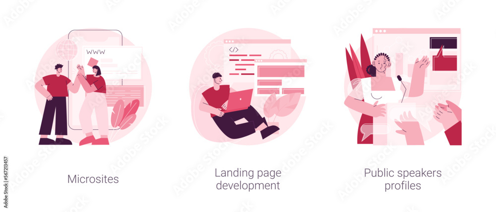 Web development service abstract concept vector illustration set. Microsites and landing page development, public speakers profiles, company page, conference speaker, coding abstract metaphor.