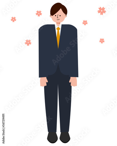 新社会人の男性が緊張しつつ笑顔を浮かべているイラスト