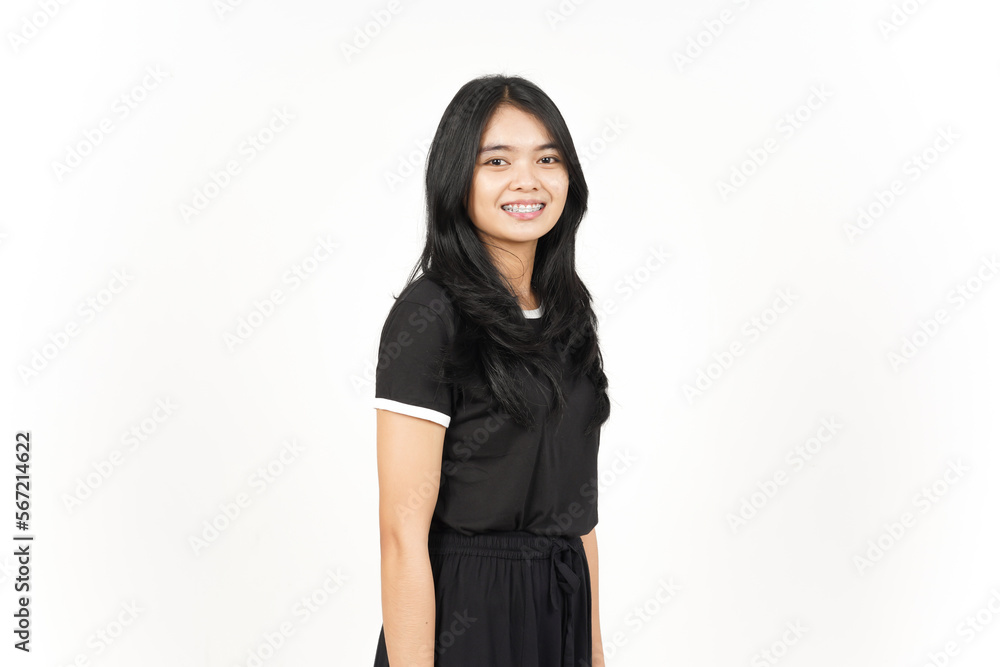 Smile and Side View Standing Of Beautiful Asian Woman Isolated On White Background