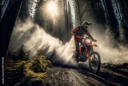 Extreme Sports in Nature:a person riding a orange motorcycle in the forest. Generative AI.
