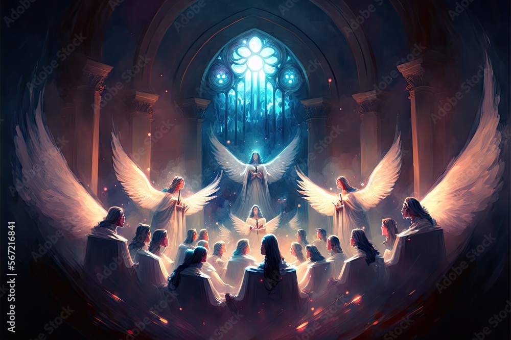 A choir of angels singing in a celestial choir loft, surrounded by a glowing aura.digital art