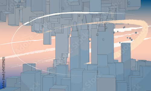 Vector linear composition, background, texture. Volumetric structure located in space. Futuristic city in the reflections of ghostly light.