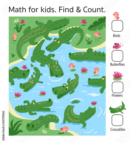 Find and count. Maths game for children. Puzzle for kids. Write numbers. Nature scene. Crocodiles in pond. Vector illustration. 