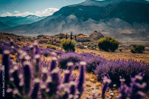 Beautiful natural landscape of Anatolia with lavander filelds. Generative AI. photo