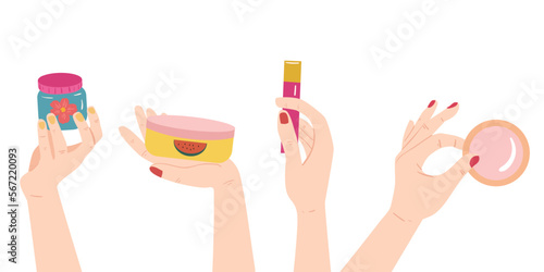 hand holding cosmetic, skincare vector illustration