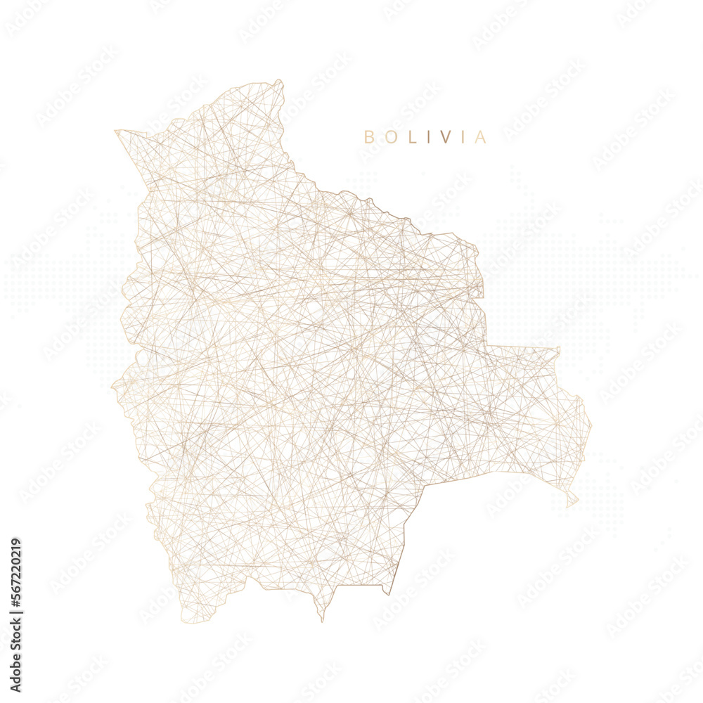 Low poly map of Bolivia. Gold polygonal wireframe. Glittering vector with gold particles on white background. Vector illustration eps 10.