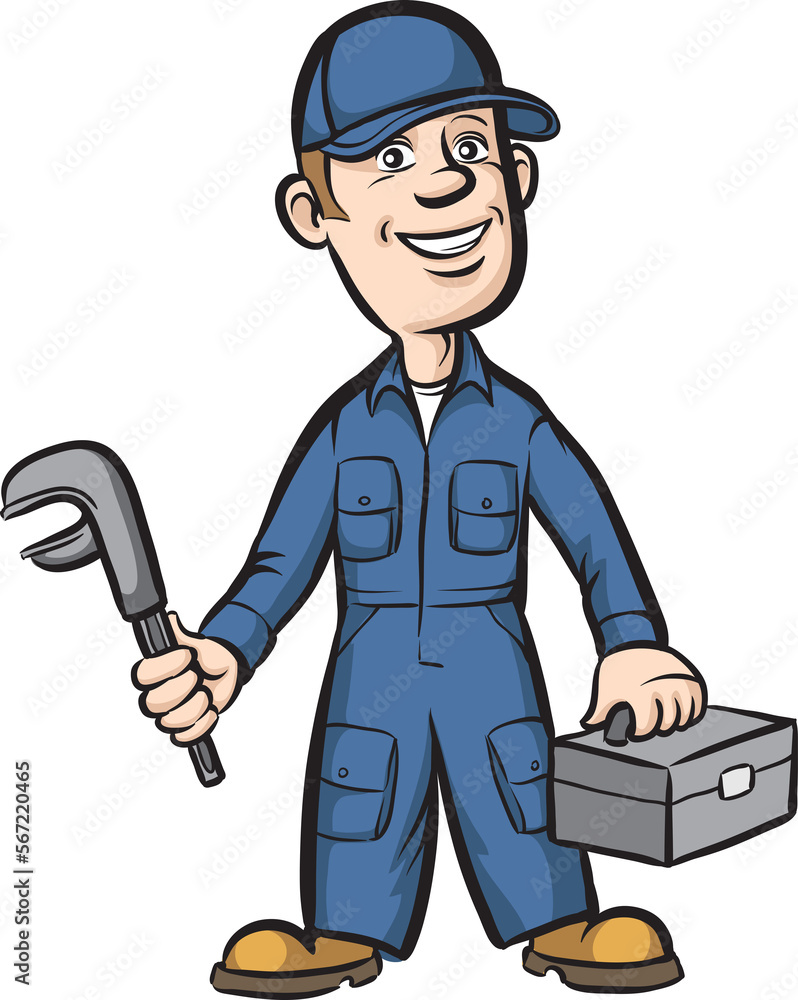 cartoon plumber with wrench and toolbox - PNG image with transparent ...
