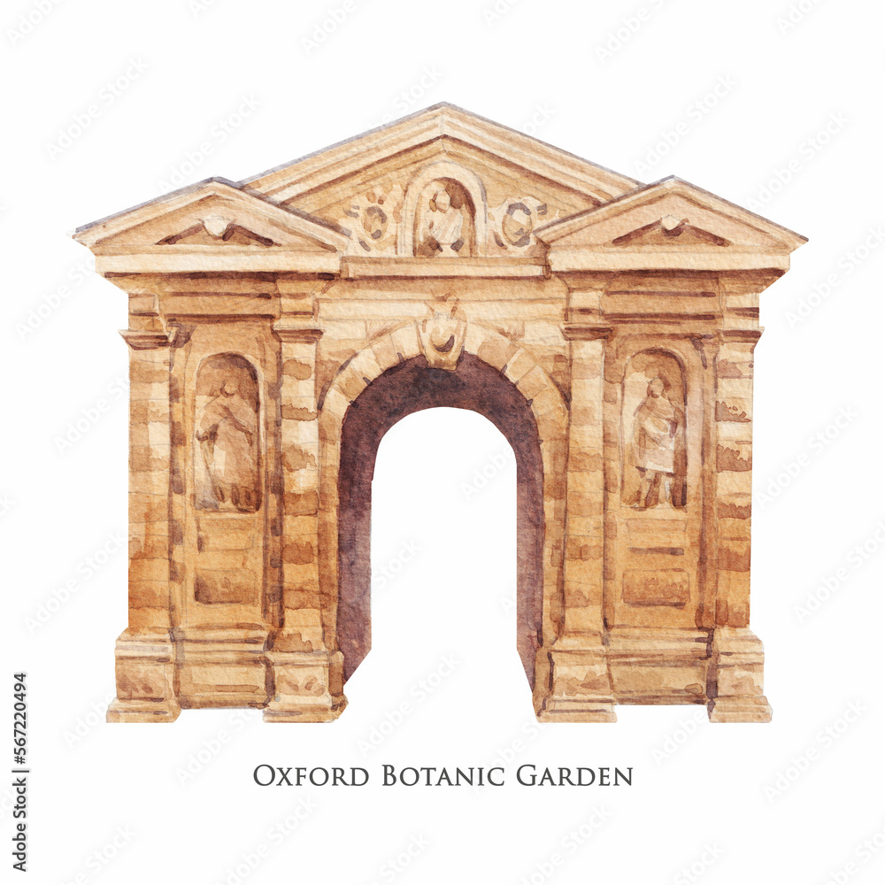 Beautiful stock illustration with hand drawn watercolor old building. Historical site Oxford Botanic garden.