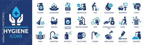Hygiene icon set. Containing cleaning, disinfection, soap, bathing, sweep, shower, washing hands, clean and sanitation icons. Cleanliness concept. Solid icon collection. photo