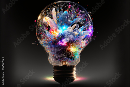 Exploding colors in a lightbulb | Ideas and knowledge concept illustration photo