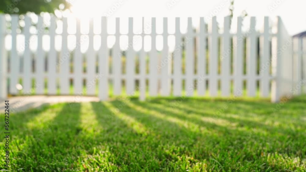 Lawn with a green mowed lawn on a warm summer day. Sun glare through the fence. Smooth camera movement over green grass. Blurred background Lawn with a green mowed lawn on a warm summer day. Sun glare through the fence. Smooth camera movement over green grass. Blurred background