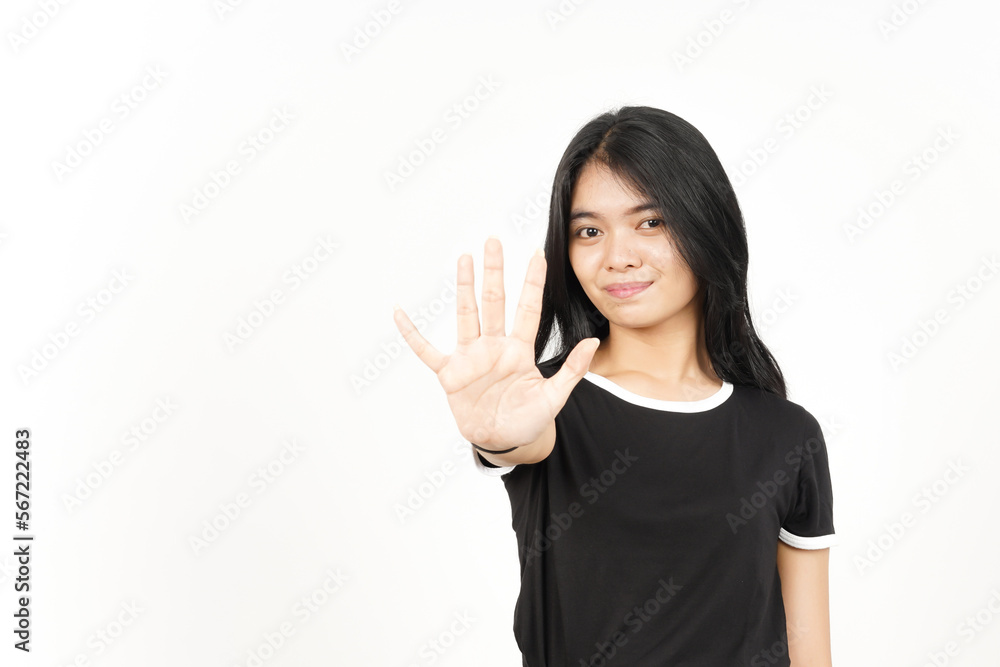 Showing count Five finger Of Beautiful Asian Woman Isolated On White Background Showing count Five finger Of Beautiful Asian Woman Isolated On White Background