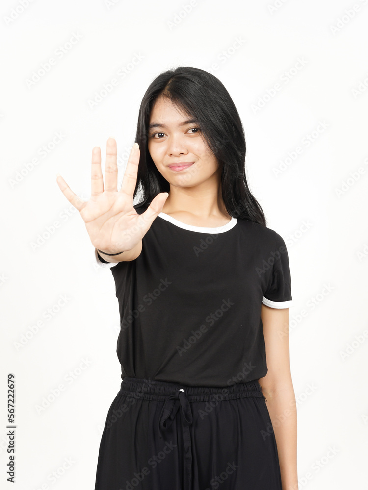 Showing count Five finger Of Beautiful Asian Woman Isolated On White Background Showing count Five finger Of Beautiful Asian Woman Isolated On White Background