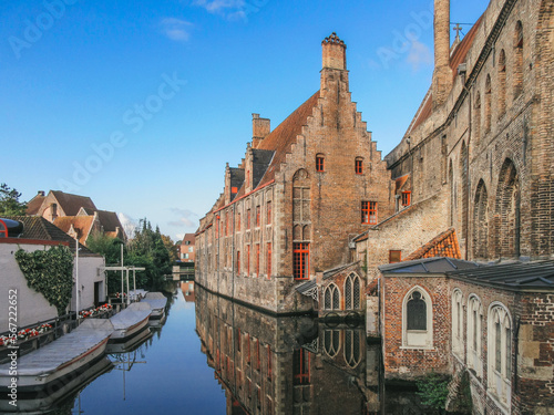Pretty canals in Brugge, Belgium with reflections on the water