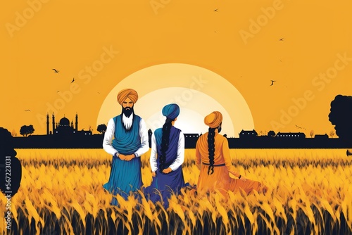 Vector illustration of celebration of Punjabi festival Vaisakhi background with people on field