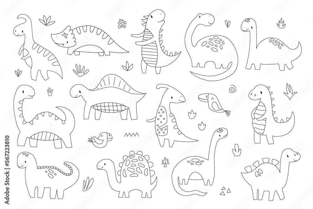 Cute dinosaurs and tropical birds. Collection of funny cartoon dinosaurs. Hand drawn vector doodles for kids. Black and white, monochrome Cute dinosaurs and tropical birds. Collection of funny cartoon dinosaurs. Hand drawn vector doodles for kids. Black and white, monochrome